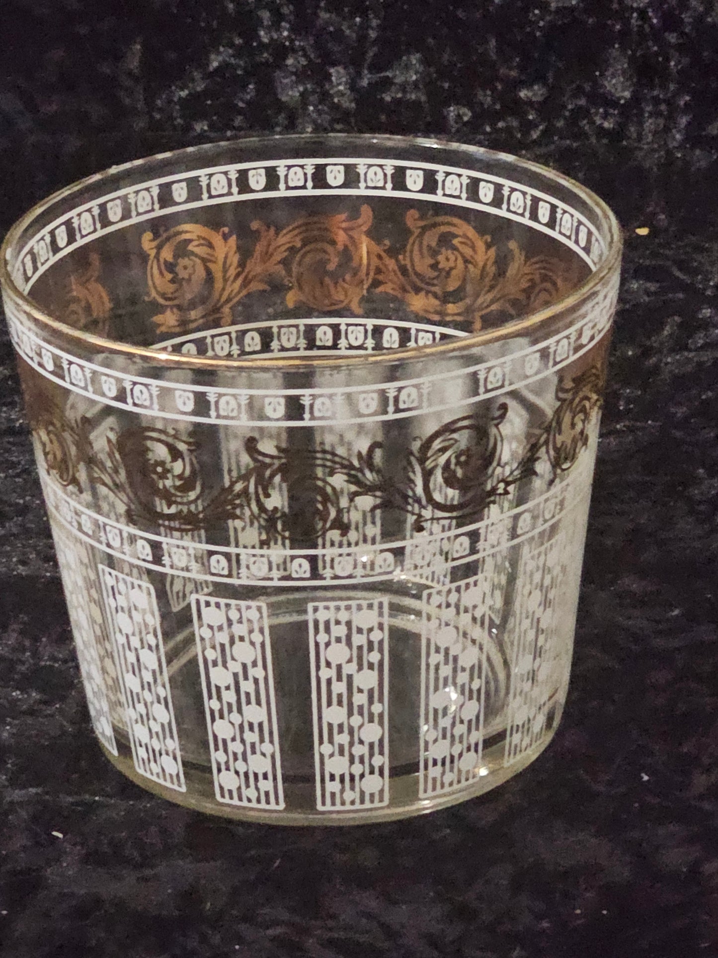 Vintage Mid-Century Glass Ice Bucket – Gold Scrollwork & White Enamel Art Deco Design