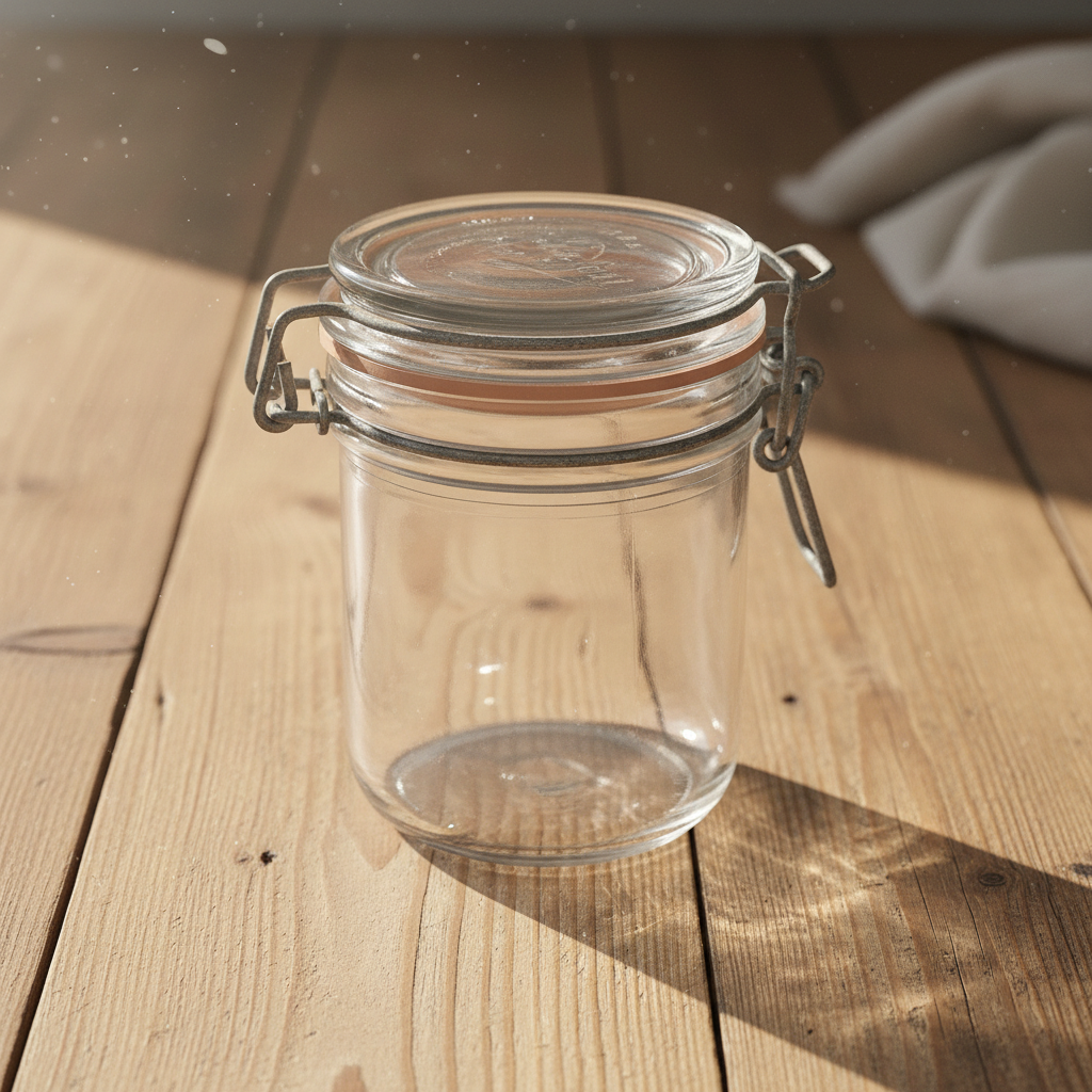 Vintage glass bail-top canning jar with embossed lid on rustic wood surface