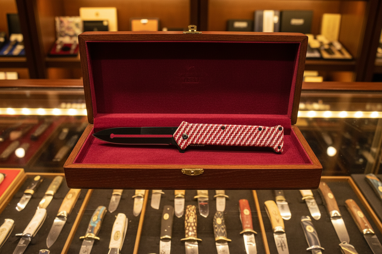 Stiletto Style Folding Knife – Black Blade & Red/White Woven Pattern Handle. Tiger Brand.