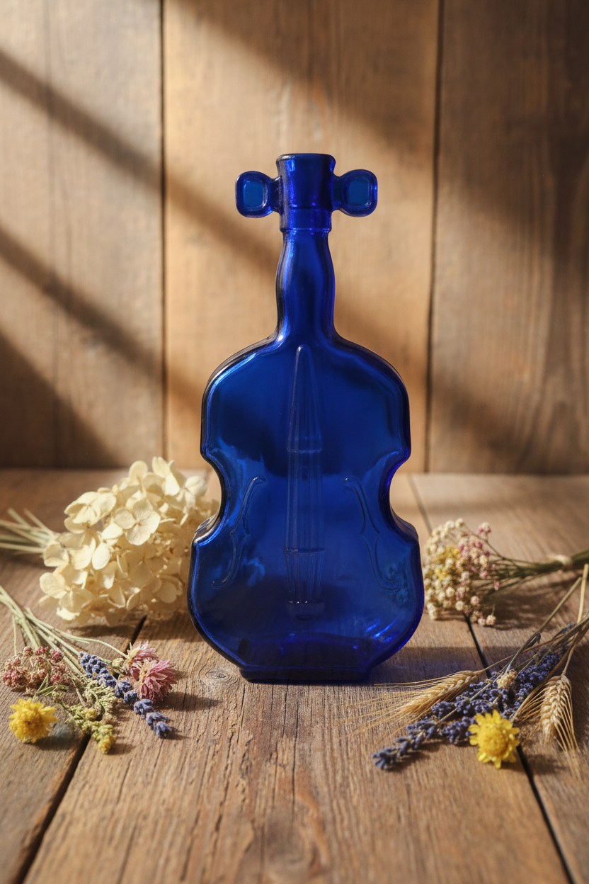 Vintage Cobalt Blue Violin Fiddle Figural Glass Bottle — Mold #7