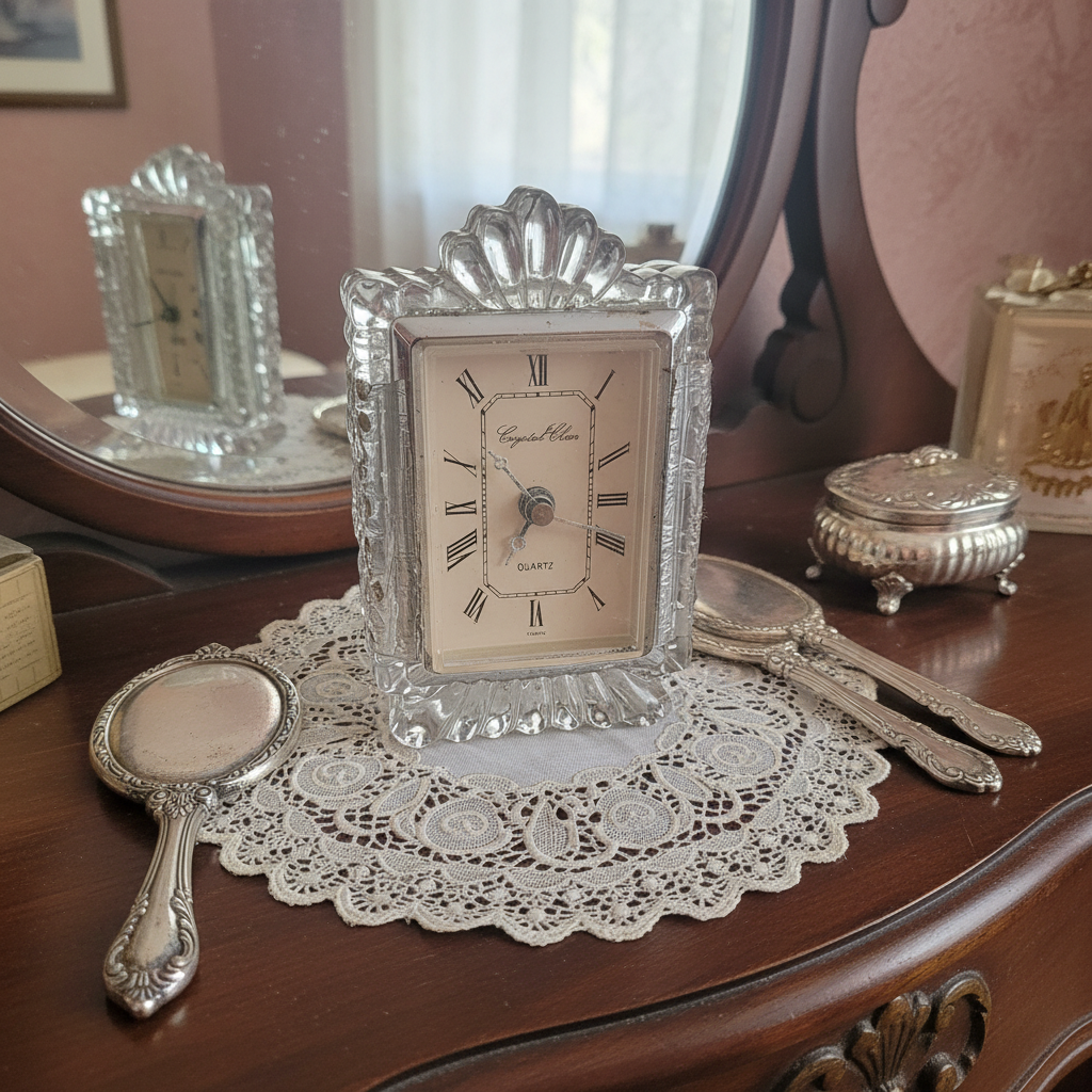Vintage Crystal Clear Quartz Mantel Clock — Pressed Crystal Glass Frame | Roman Numerals | Desk Clock