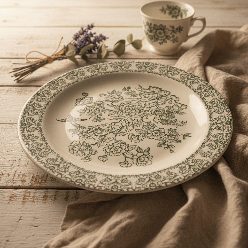 Vintage Royal Underglaze China Plate | Green Transferware | Hummingbird Floral