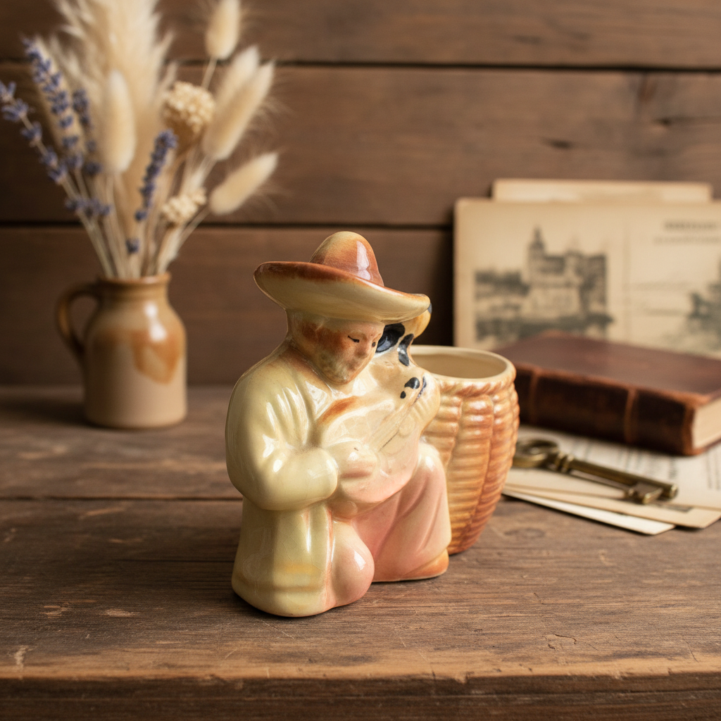 Vintage Ceramic Sombrero Man Figural Planter | 1940s–50s Japanese Import | Cottage Boho Decor