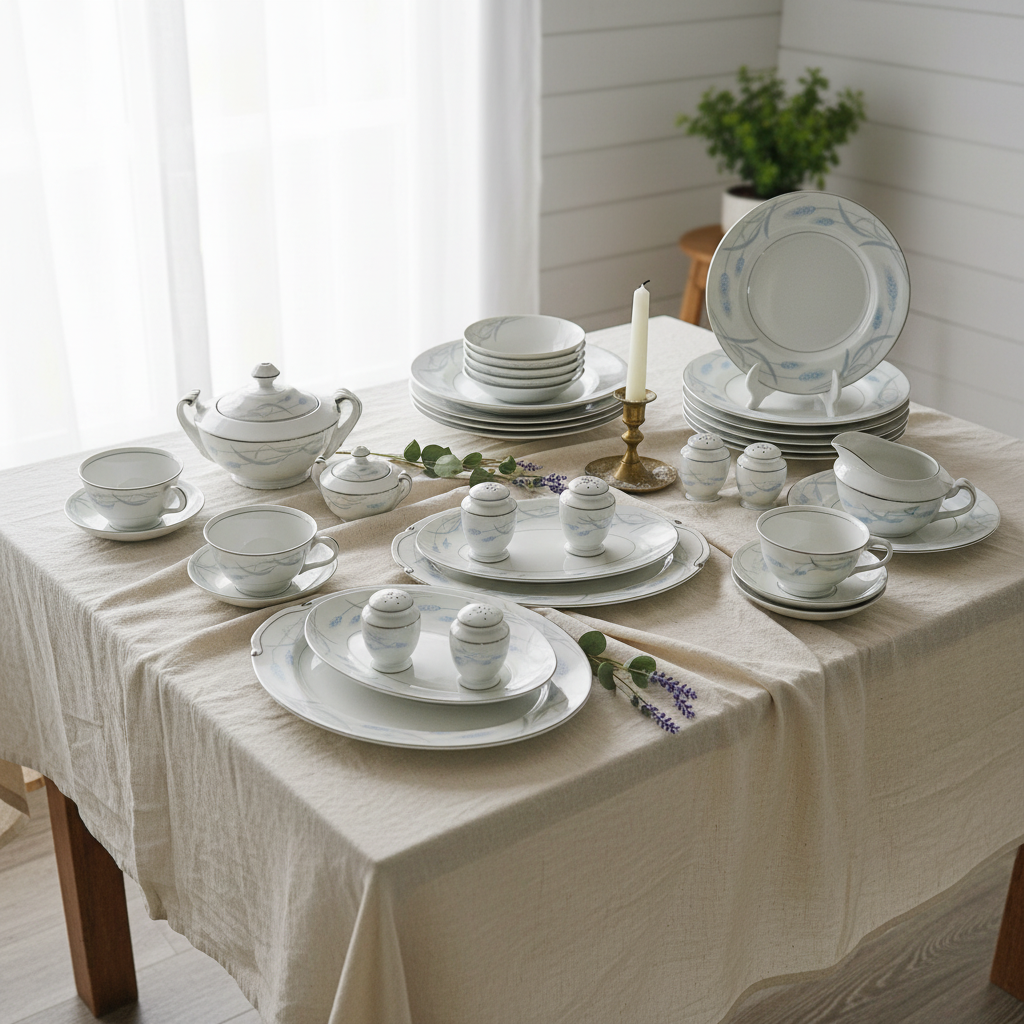 Valmont Royal Wheat Full China Set — Mid-Century Baby Blue & White Dinnerware
