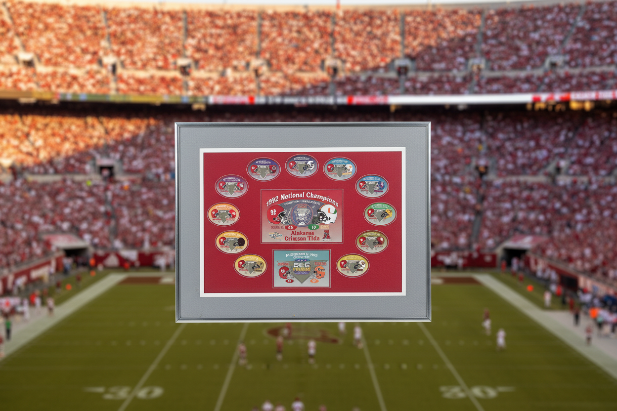 Framed 1992 Alabama Crimson Tide National Champions Pin Collection | Sugar Bowl & SEC Championship | 12 Game Pins