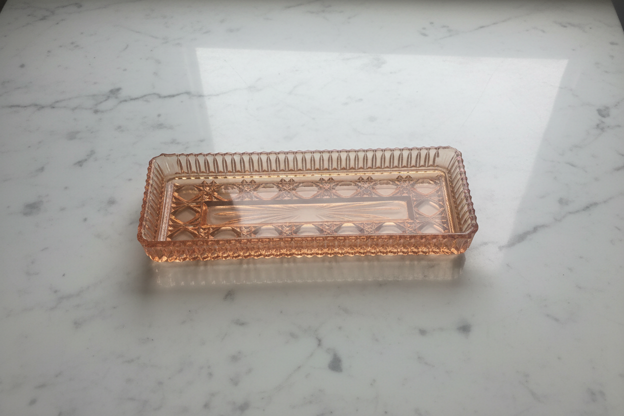 Pink depression glass tray on white marble background