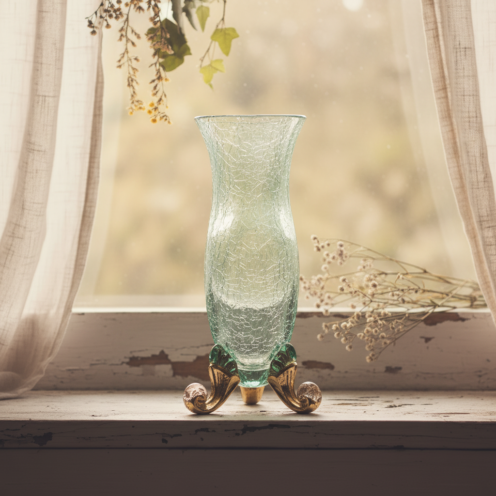 Vintage Aqua Crackle Glass Bud Vase with Gold Footed Base — Mid Century Art Glass