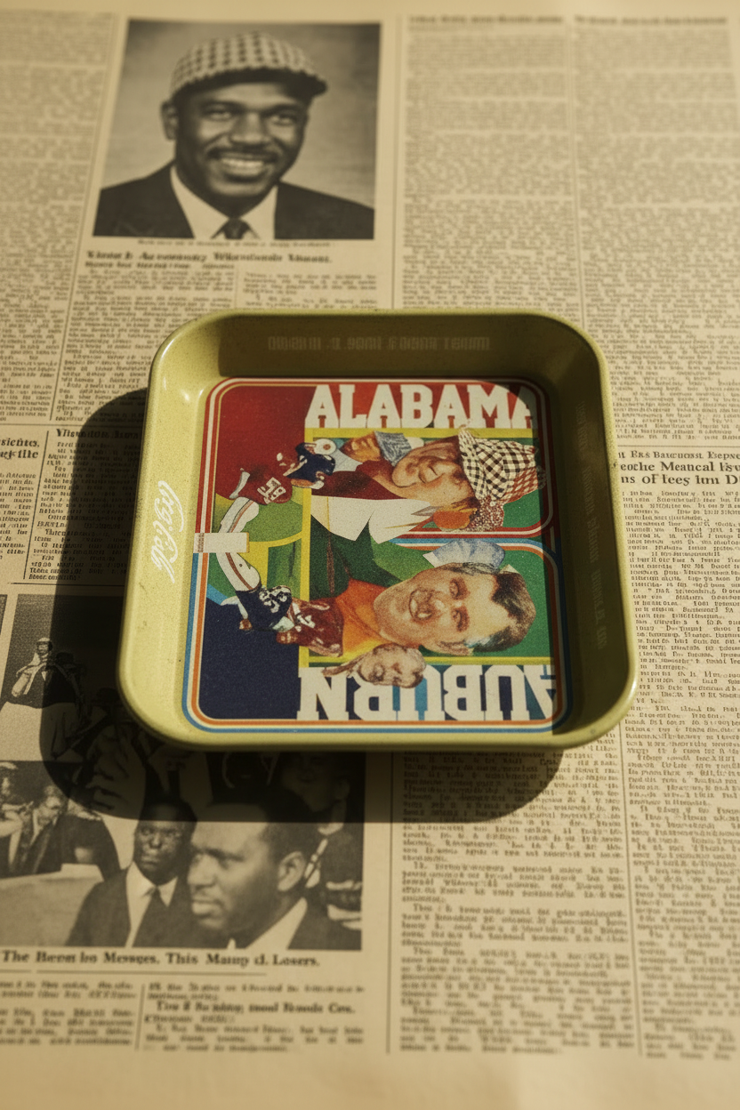 Vintage Coca-Cola Iron Bowl Rivalry Metal Tray — Bear Bryant & Shug Jordan | Alabama vs Auburn 1970s