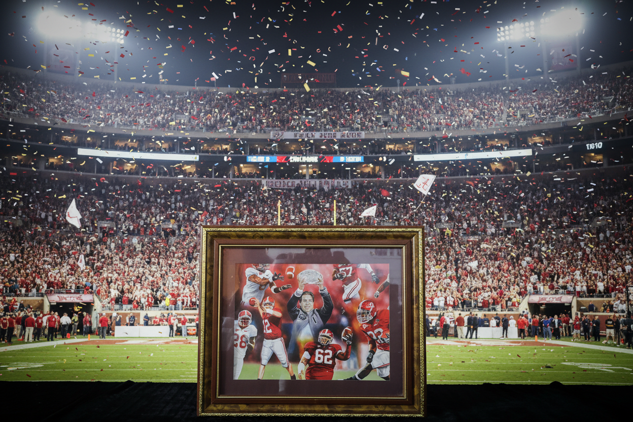 Nick Saban Alabama Crimson Tide National Championship Framed Collage — Trophy Celebration | Players #28 #12 #62