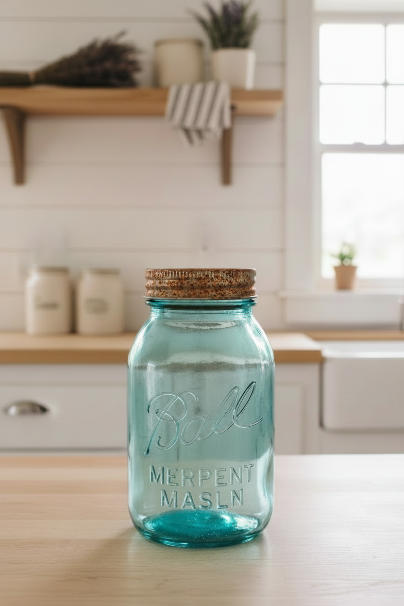 Vintage Aqua Ball Mason Jar with Original Metal Lid – Early American Canning Jar