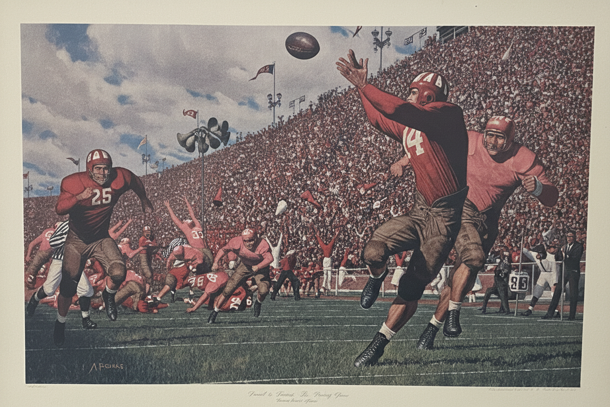 Arnold Friberg Alabama Crimson Tide Football Lithograph — Framed | Chevrolet Sports Art Collection #3 | #44 Pass Play