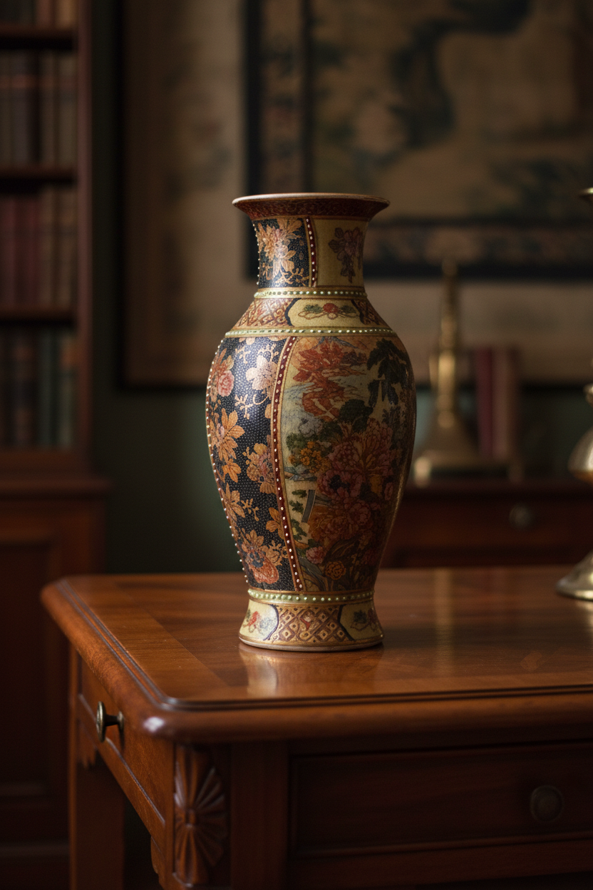 Vintage Lefton China Satsuma-Style Porcelain Vase — Hand-Painted Floral & Gold Beading