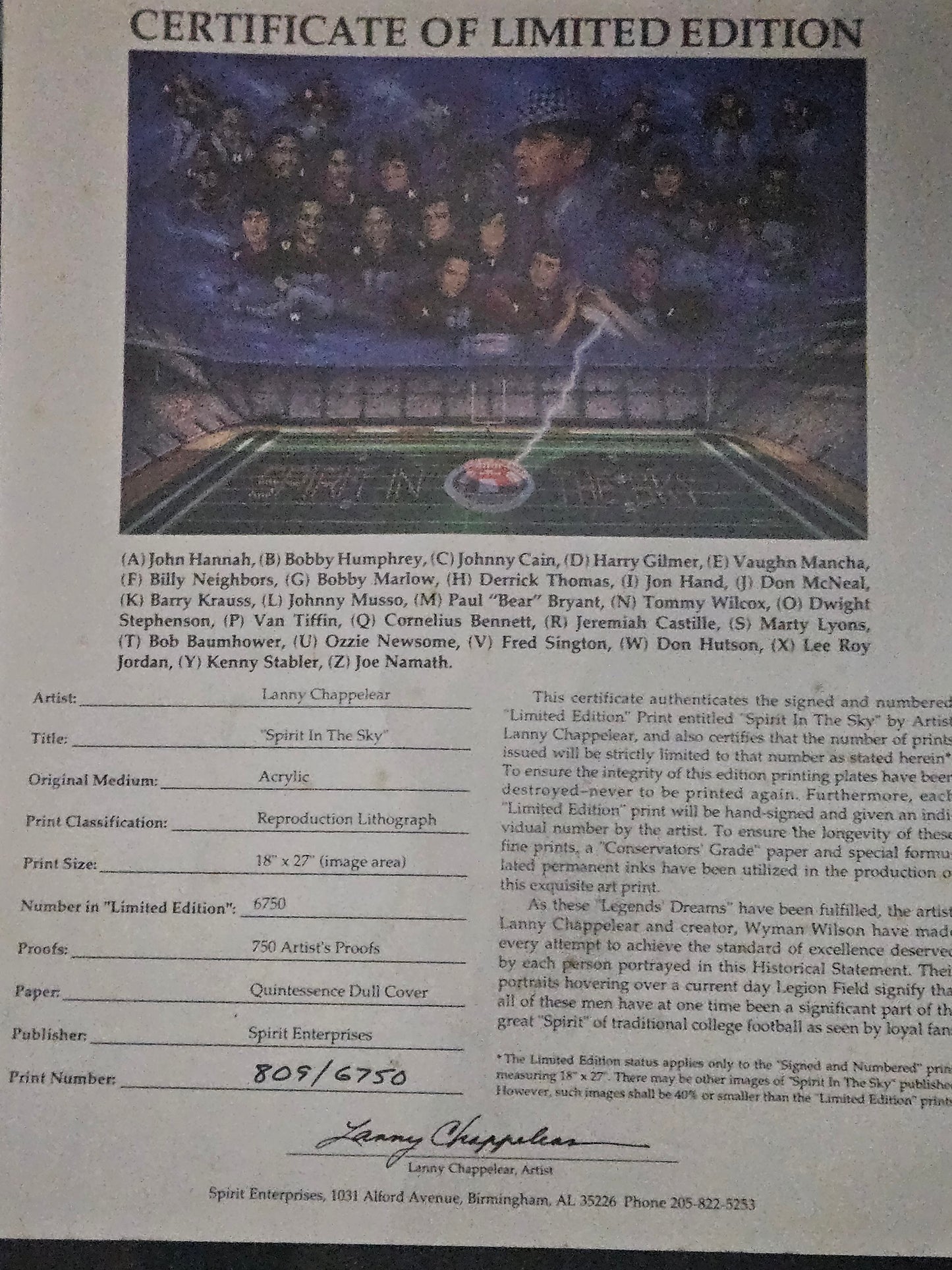Spirit in the Sky – Bear Bryant Alabama Crimson Tide Signed & Numbered Art Print with Certificate of Limited Addition. #809 of 6750. Signed by the artist