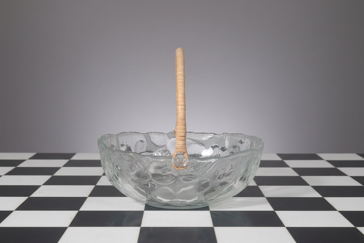 Vintage Clear Glass Grape Pattern Bowl with Wicker Handle