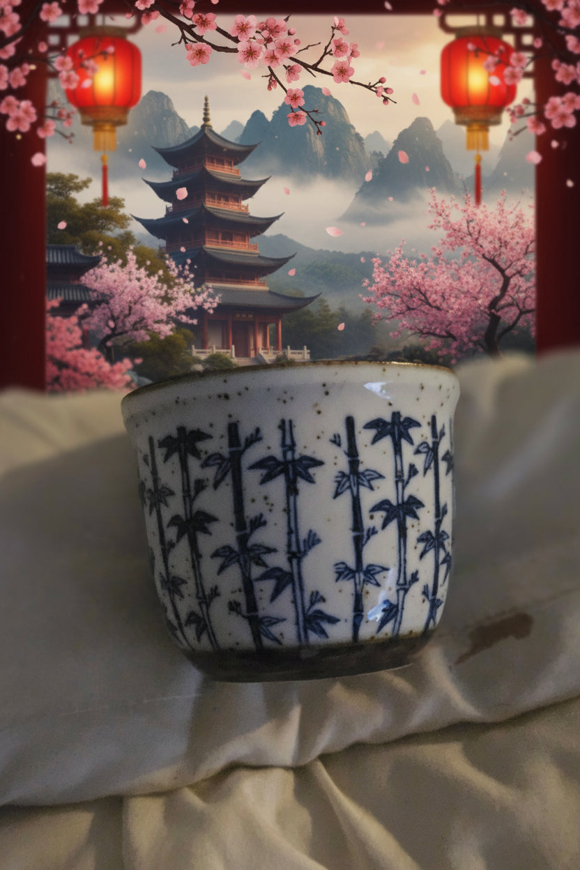 Vintage Japanese Blue & White Bamboo Stoneware Tea Cup — Gold Rim, Hand Painted