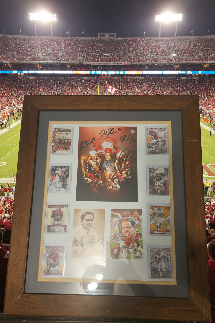 Nick Saban Multi-Signed Alabama Championship Display | Daniel Moore Signed Art | 8 Crimson Tide Collector Cards