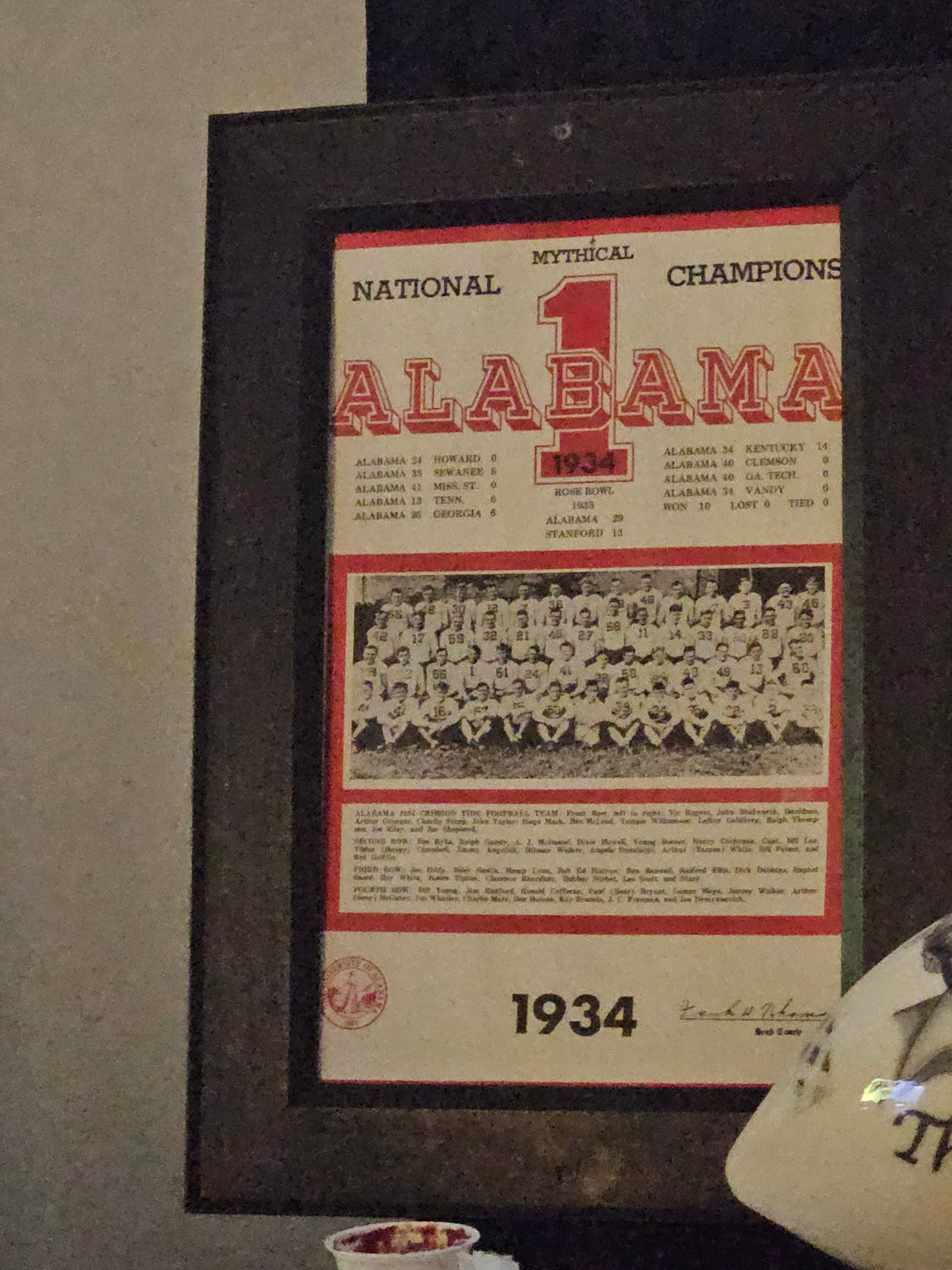 1934 Alabama Crimson Tide Mythical National Champions Framed Team Photo & Roster — Rose Bowl