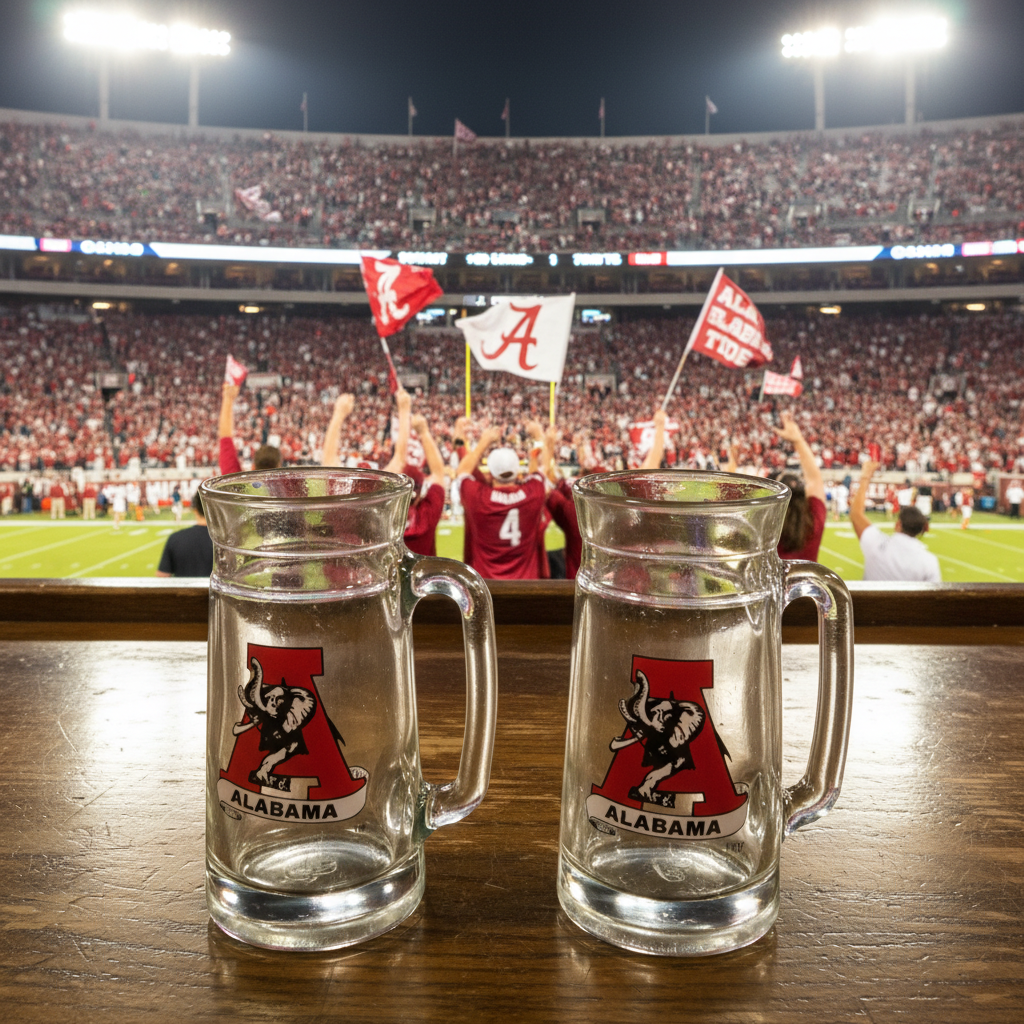 Vintage Alabama Crimson Tide 16 oz Glass Beer Stein Mugs — Set of 2 | Classic Elephant Logo