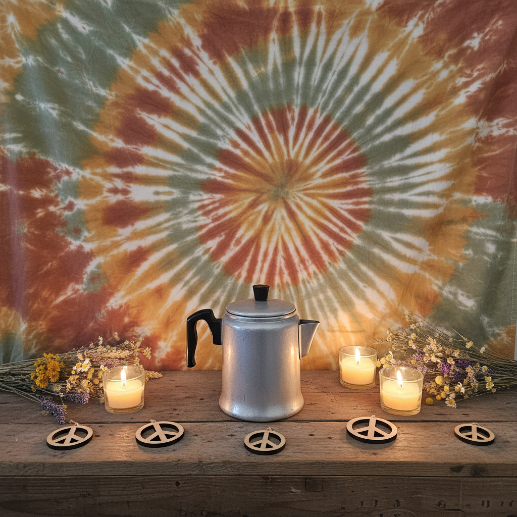 Vintage Coffee Pot on Hippy Background