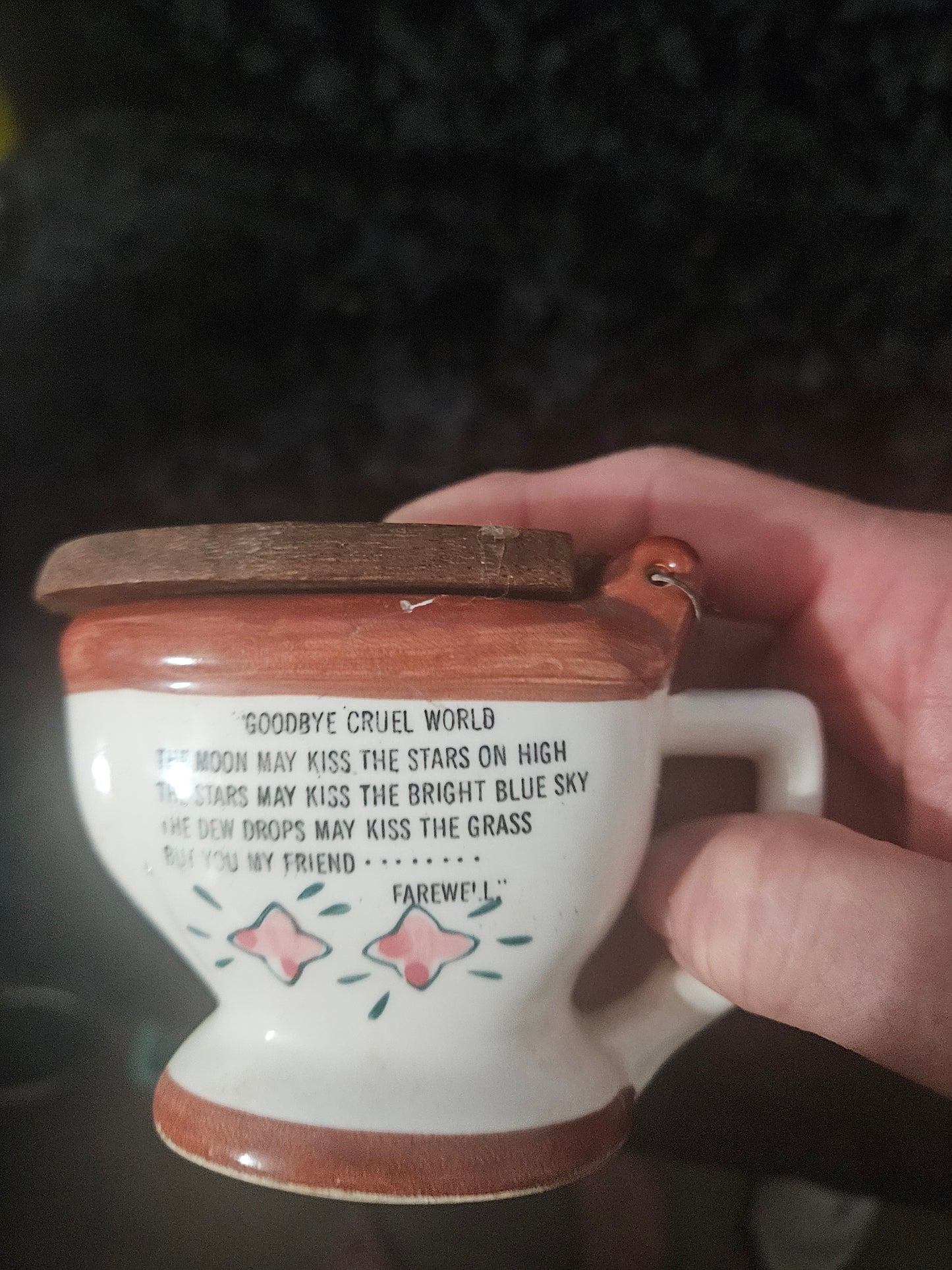 Vintage "Goodbye Cruel World" Novelty Toilet Figurine with Wooden Lid