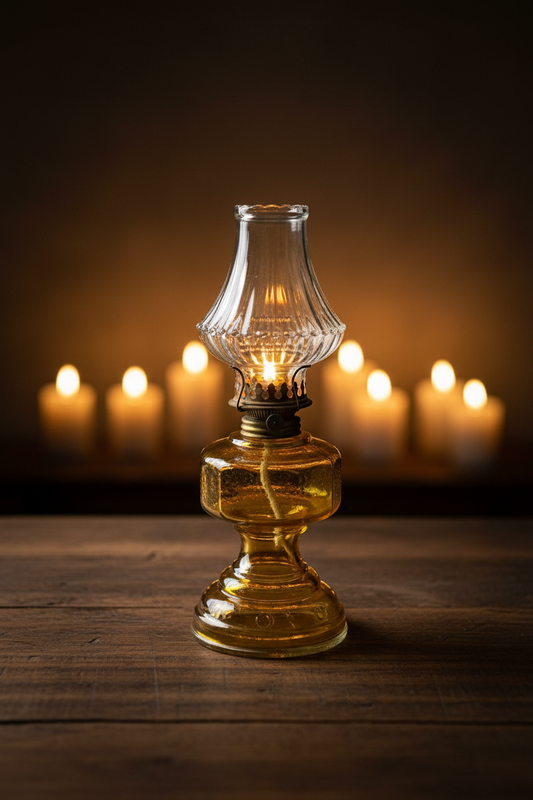 Vintro Glass Oil Lamp — 1920s–30s Amber Base with 1980s Clear Pressed Glass Chimney/SOLD