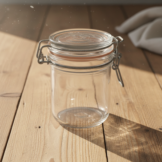 Vintage glass bail-top canning jar with embossed lid on rustic wood surface