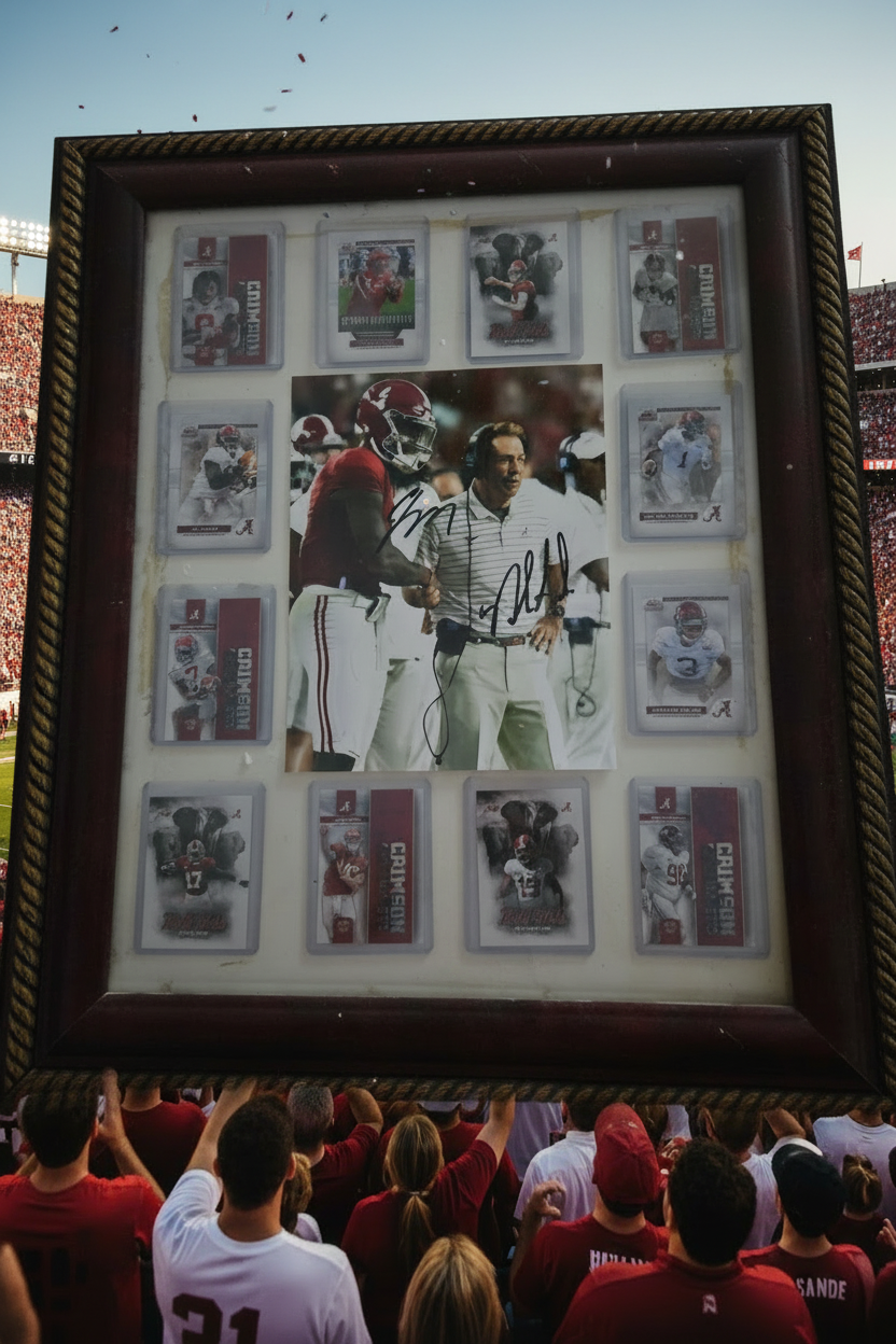 Alabama Crimson Tide Autographed Nick Saban Framed Display — 12 Player Collector Cards