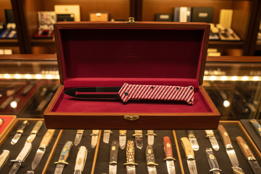 Stiletto Style Folding Knife – Black Blade & Red/White Woven Pattern Handle. Tiger Brand.