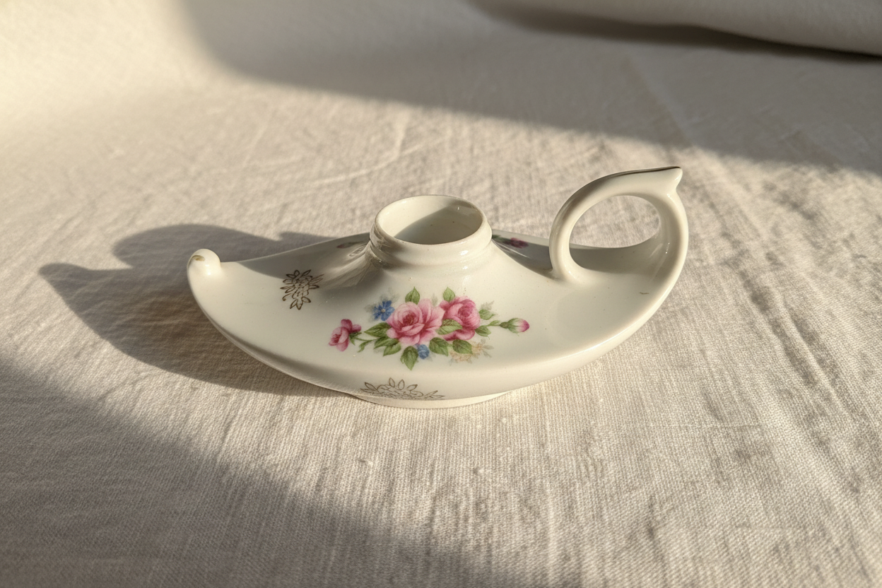 Vintage porcelain chamberstick candle holder on white linen background