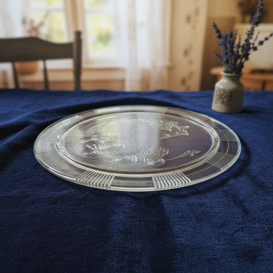 Vintage Clear Pressed Glass Cake Plate – Embossed Rose & Floral Pattern with Ribbed Rim