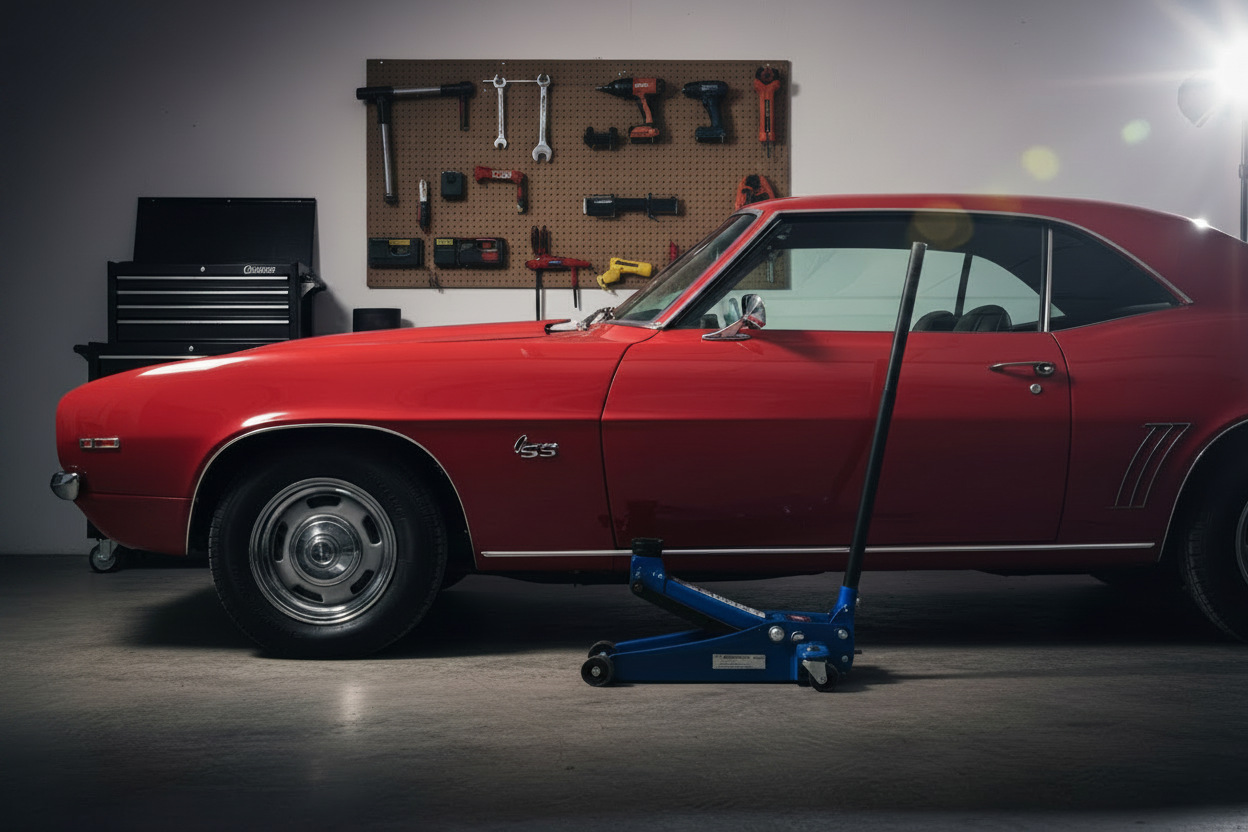 Duralast 2-Ton Hydraulic Floor Jack. Big wheels for easy use in all terrains