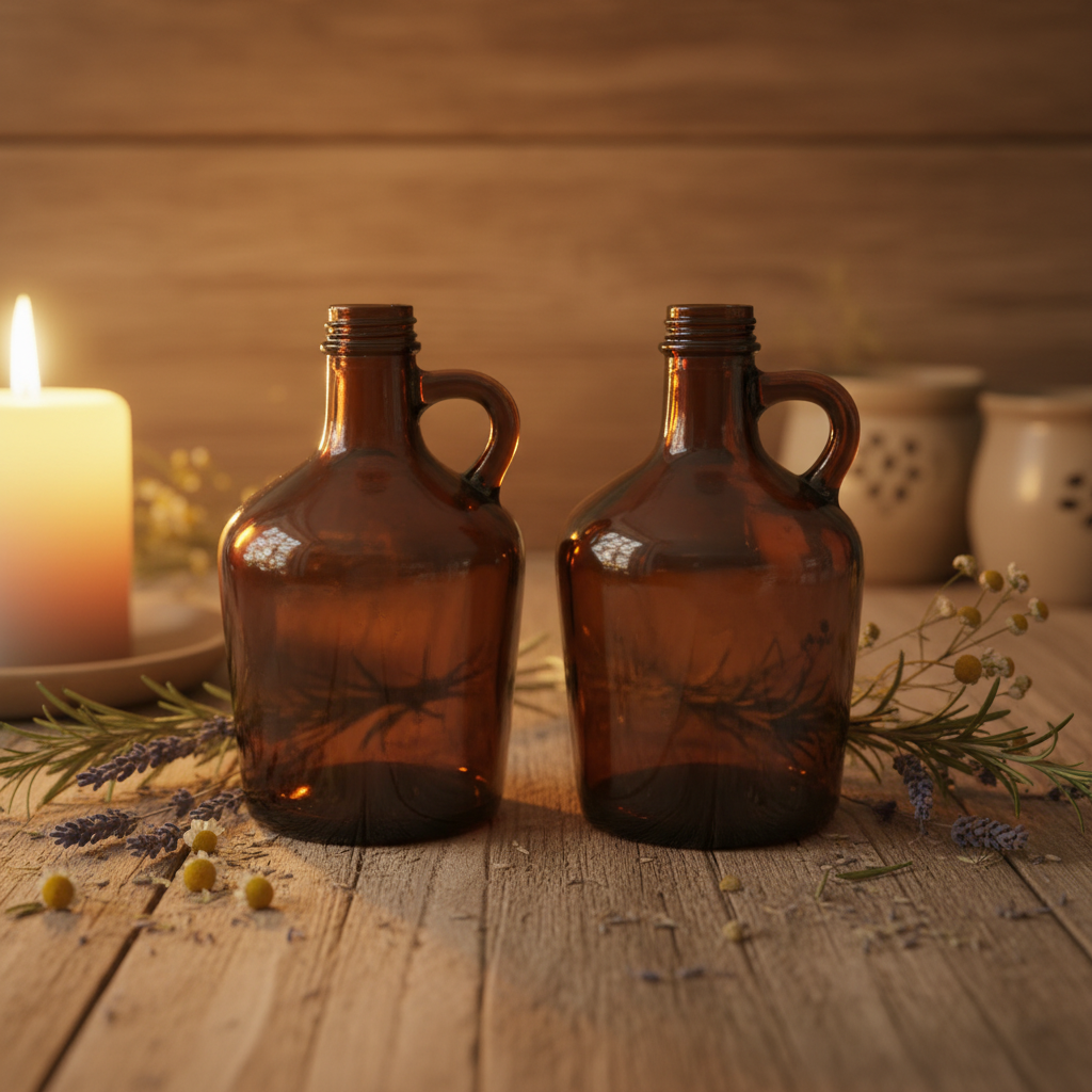 Vintage Dark Amber Glass Syrup Bottles — Matched Pair, Handled, No Caps
