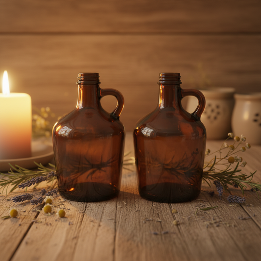 Vintage Dark Amber Glass Syrup Bottles — Matched Pair, Handled, No Caps