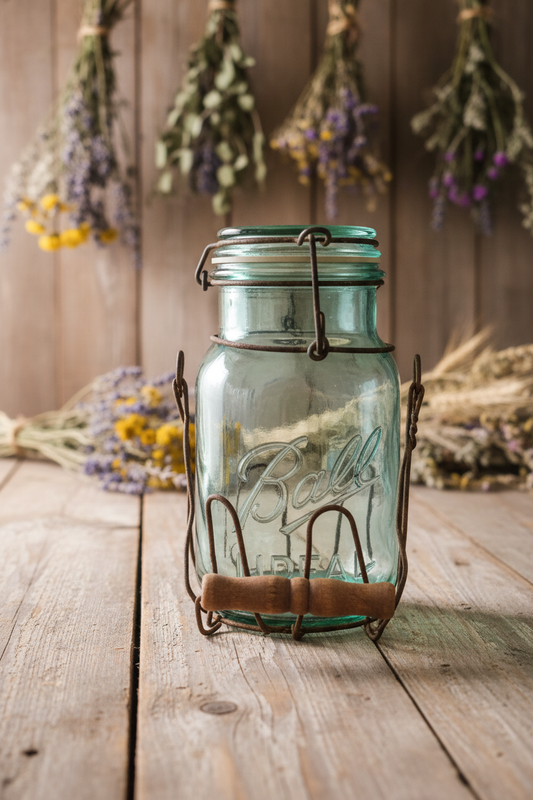 Antique Quart Ball Ideal Jar — Aqua Green Glass, Wire Trivet Cage & Original Snap Lid