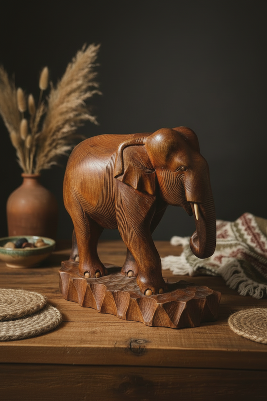Large Solid Hand-Carved Hardwood Elephant Sculpture — 16" x 13", 9.5 lbs — Folk Art