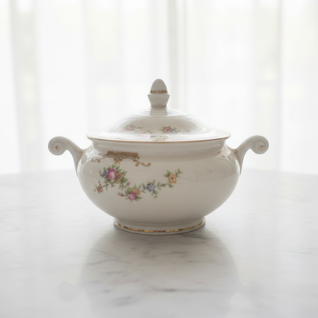 Vintage porcelain sugar bowl on marble background