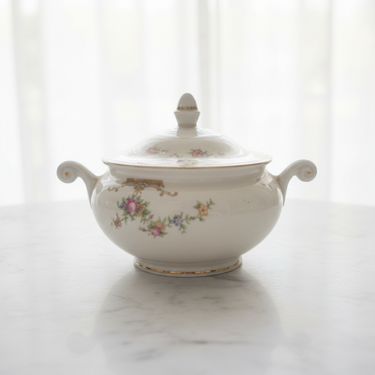 Vintage porcelain sugar bowl on marble background