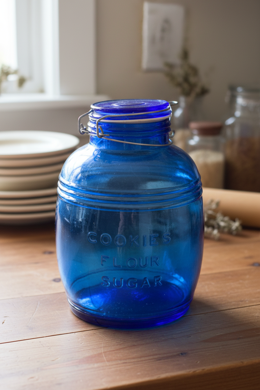 Vintage Cobalt Blue Glass Jar with Wire Bail Lid — Storage Canister Collectible