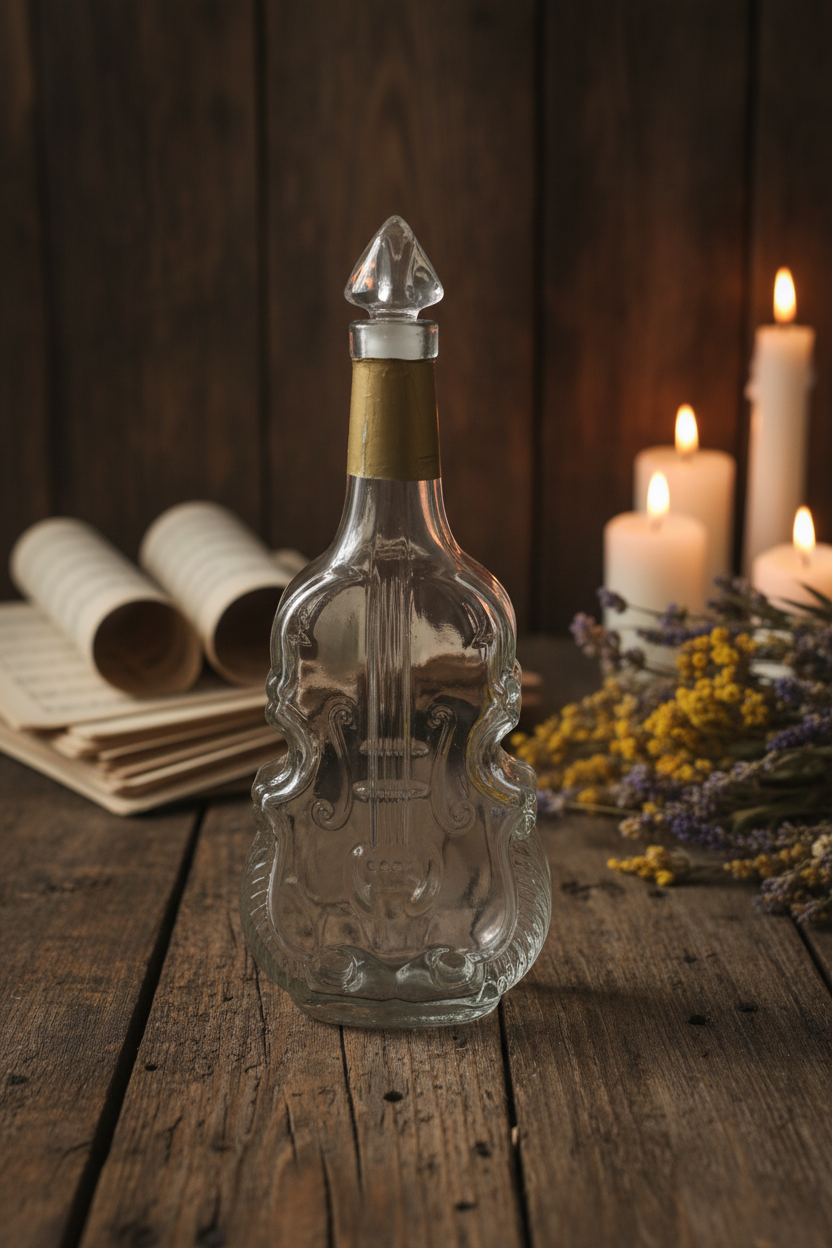Vintage Italian Violin Decanter Bottle | MOD DEP Italy | Clear Glass with Gold Collar & Stopper