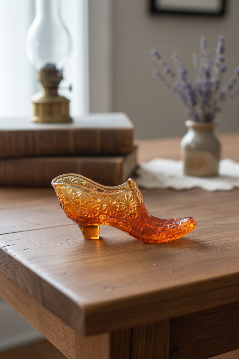 Vintage Amber Glass Daisy & Button Slipper Shoe — Pressed Glass Collectible