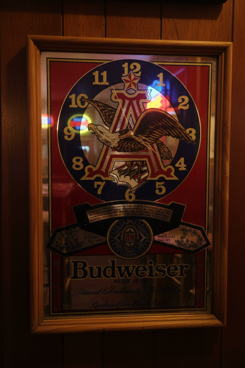 Vintage Budweiser Eagle Mirror Bar Clock – 1980s Anheuser-Busch Wall Clock