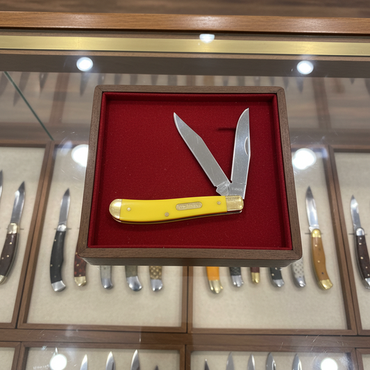 Schrade Old Timer 940TY Gunstock Trapper Pocket Knife — Yellow Delrin Handles