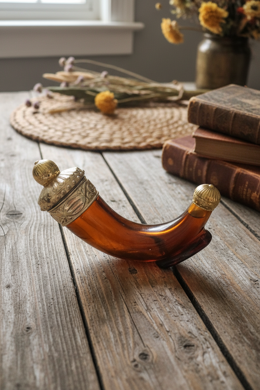 Vintage Avon Viking Horn After Shave Lotion Bottle — Amber Glass with Gold Caps