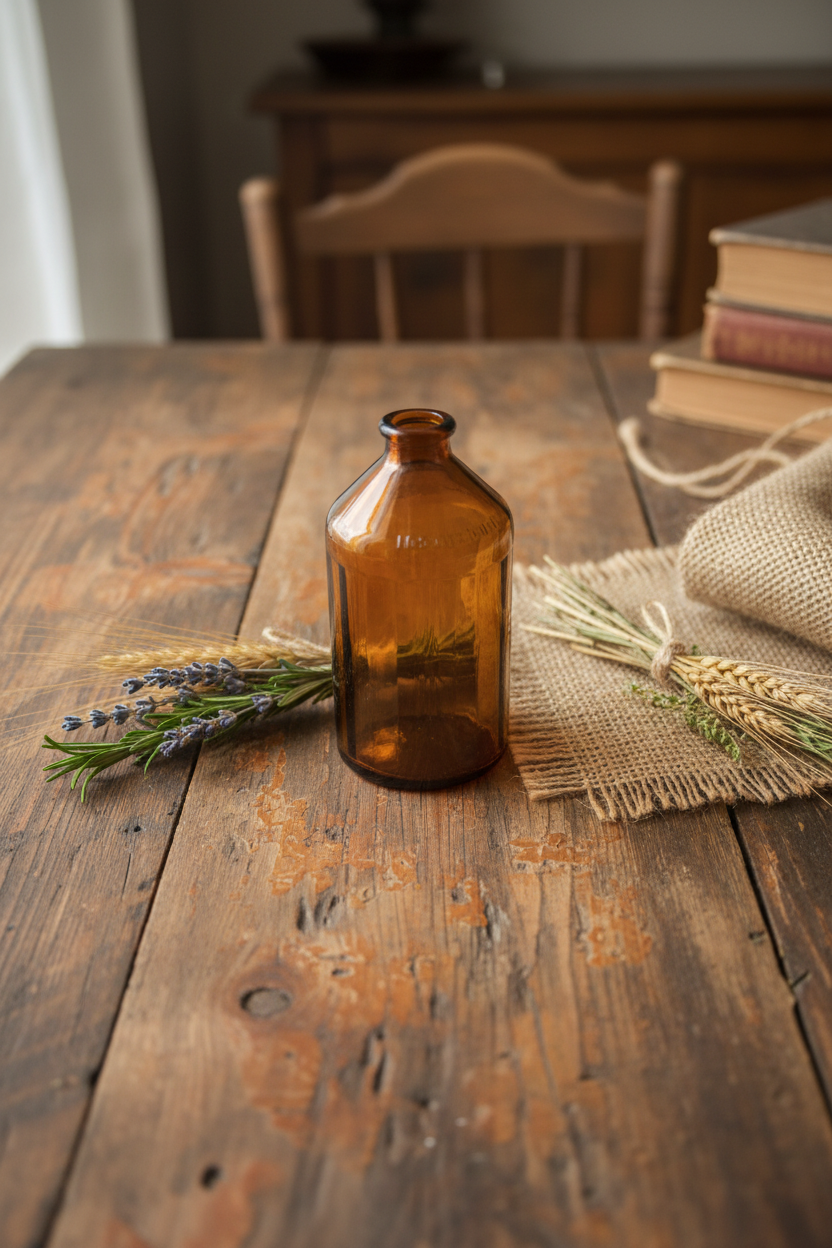 Antique Amber Glass Bottle | Small Ribbed Brown Apothecary Style | 6.5 oz Vintage Collectible