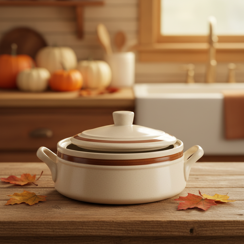 Autumn Collection Stoneware Individual Covered Casserole Dish with Lid — Vintage 1970s Brown Stripe