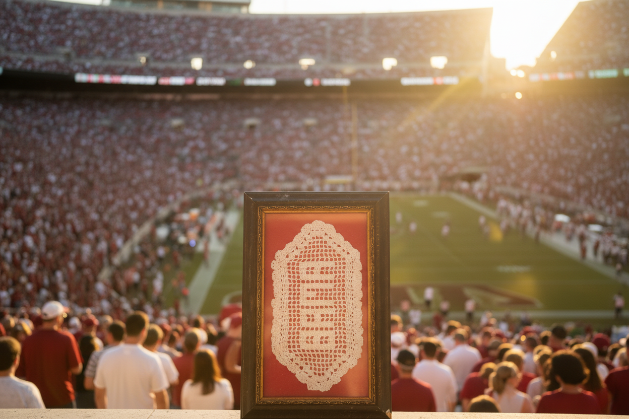Framed Handmade Crochet Doily — Alabama Crimson Tide Display | Vintage Shadow Box Art | Bama Fan Gift