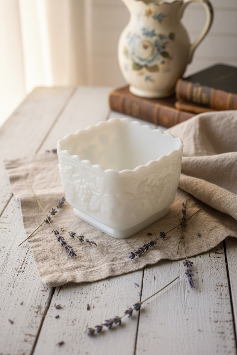 Vintage Milk Glass Square Dish | Scalloped Rim | Grape Vine Embossed
