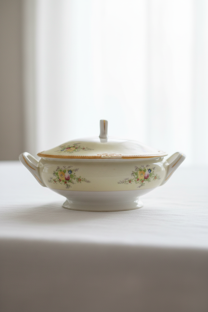 Antique German Porcelain Lidded Sugar Bowl | Hand-Painted Floral & Gold Trim | c.1900 | Hairline Crack Noted