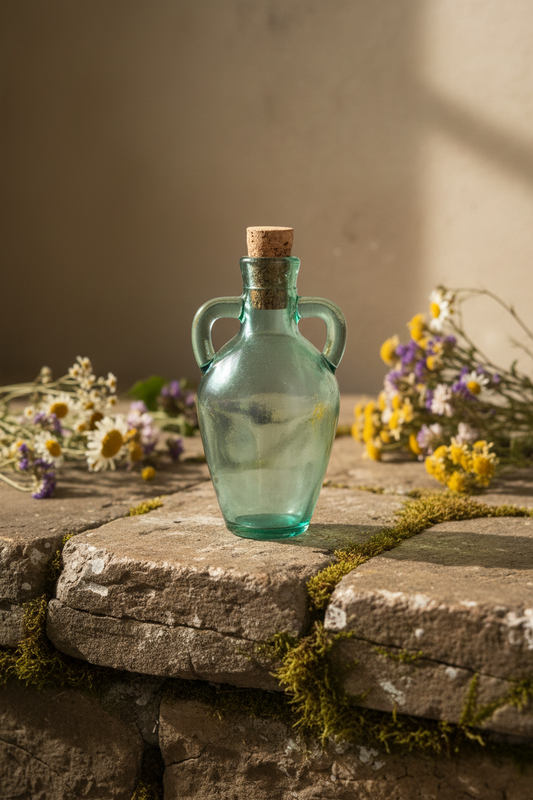 Vintage Aqua Green Glass Amphora Bottle | Double Handle 1 Pint Mini Jug with Cork | Mint Condition Collectible