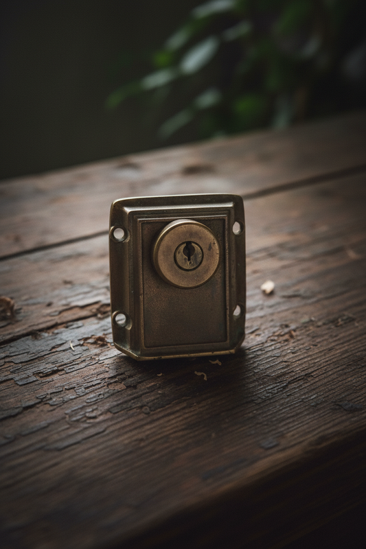 Vintage Surface Mount Deadbolt Lock with Key — Antique Brass Tone Hardware